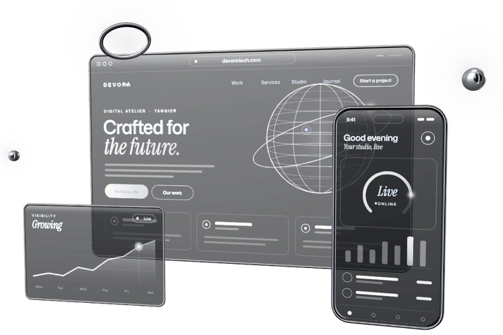 Floating panels of smoked glass framed in brushed chrome: a website, a phone app, a growth chart, a product card and a code block