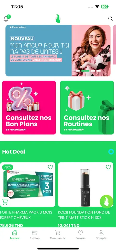 Pharmashop (Application mobile, parapharmacie) : écran de l’application